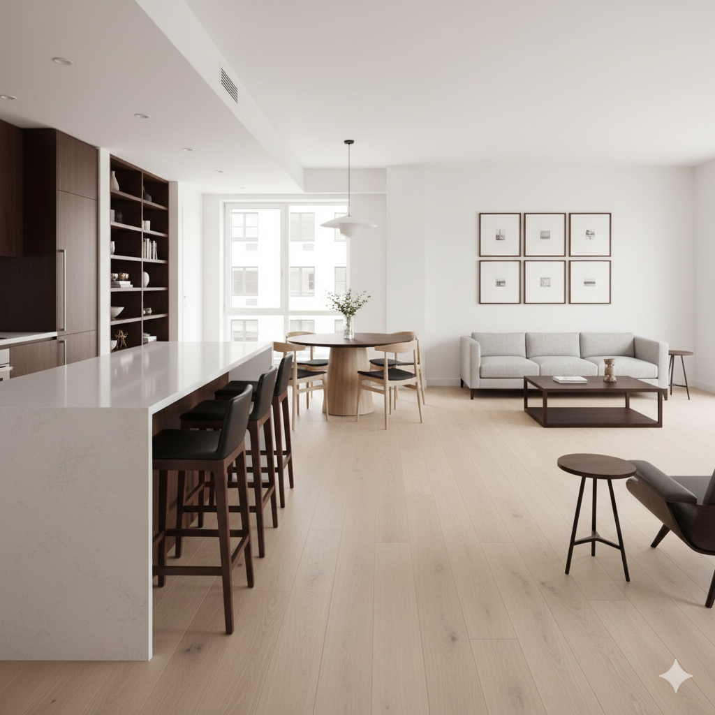 The Unmatched Set. Navigating the Woodgrain Divide in the Open Home Open floor plan demonstrating the repetition of wood tones for visual rhythm