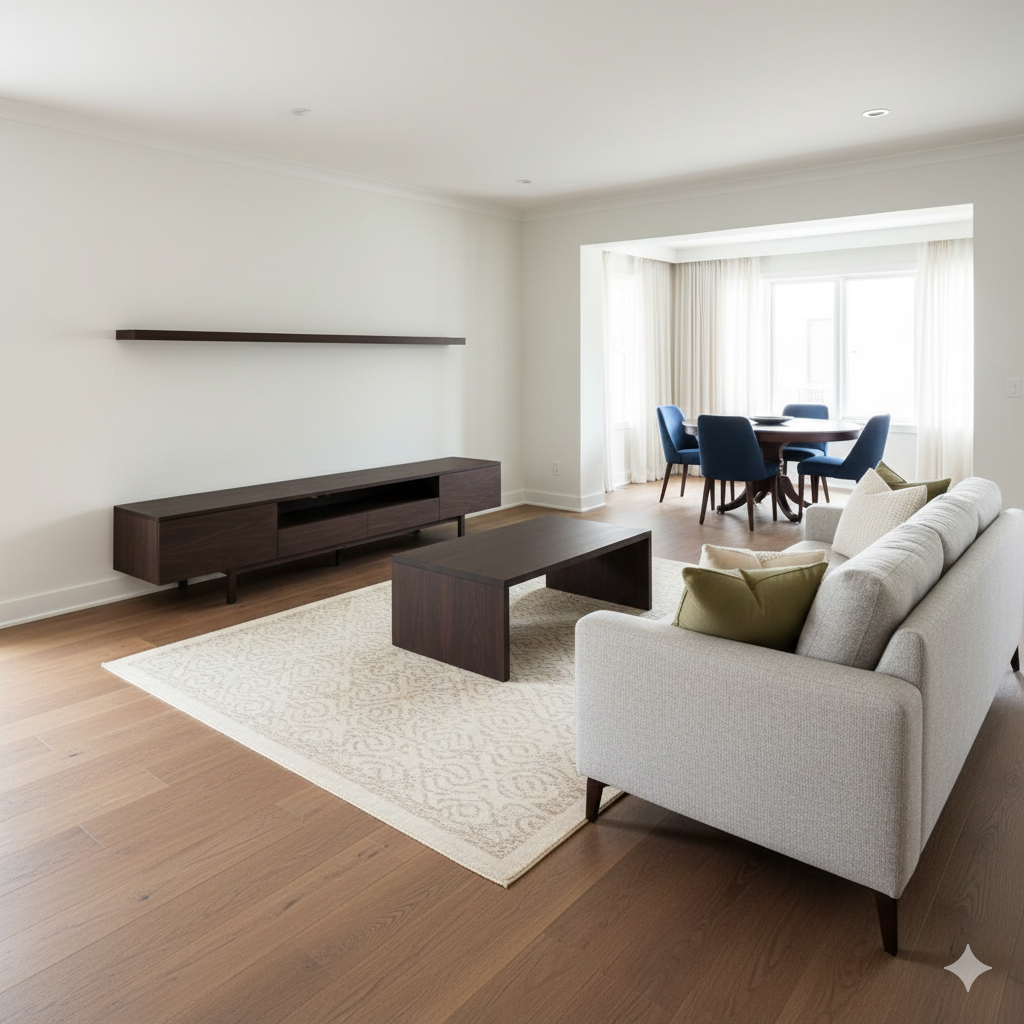The Unmatched Set. Navigating the Woodgrain Divide in the Open Home Area rug used as a buffer between two similar wood tones in a living room.